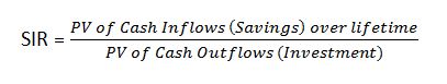 formula to calculate savings to investment ratio (SIR); SIR equals PV of Cash Inflows (Savings) over lifetime divided by PV of Cash Outflows (Investment).