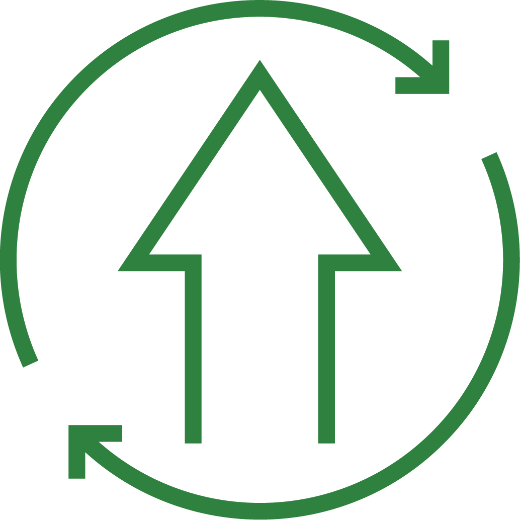 boost efficiency icon - big arrow upwards with two arrows on the outside in a clockwise direction