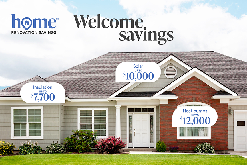 a beautiful bungalow home with speech bubbles of Home Renovation Savings amount of savings